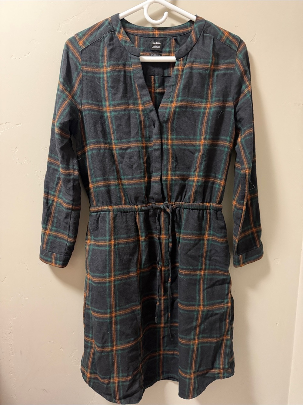 Prana Green Plaid Long-Sleeve Drawstring Shirt Dress
